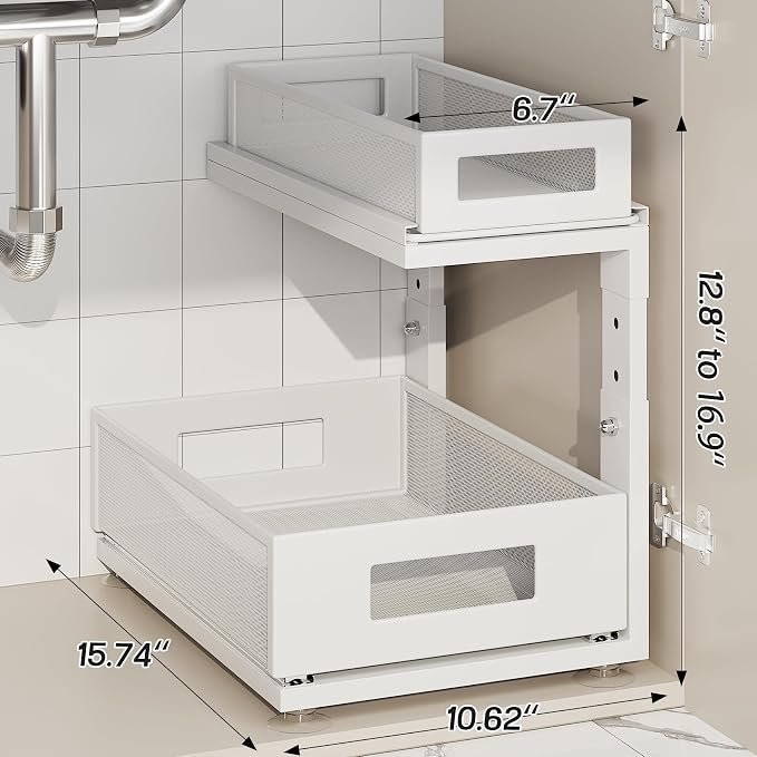 2 Pack Under Sink Organizer With Next-Gen Ball-Bearing Slides,2-Tier Pull Out Cabinet Storage,Height Adjustable Drawer Shelf for Bathroom,Kitchen,Laundry,Cabinet,Pantry(Patent Pending)