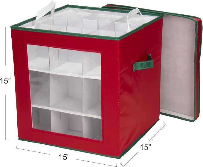 Household Essentials 27‑Piece Ornament Storage Box with Clear Front Panel and Adjustable Dividers, Red and Green