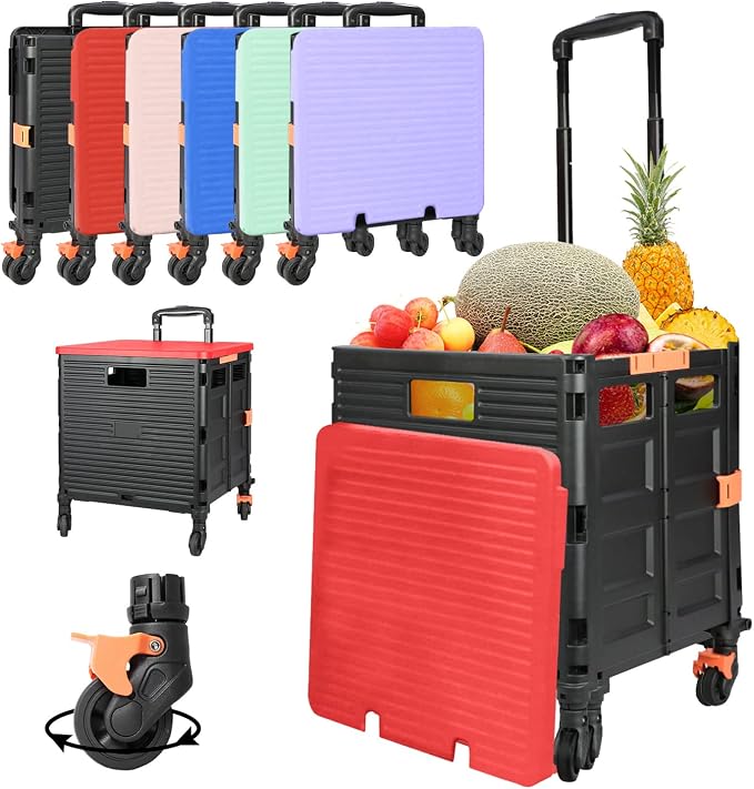 Foldable Utility Cart Rolling Crate Handcart 110lbs Large Capacity Shopping Cart with 360°Rotate Noiseless Wheels & Telescoping Handle for Transports Groceries Office School Use（Red）