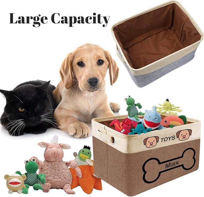 Personalized Dog Toy Storage Basket with Pet Name - Custom Collapsible Puppy Bin, Durable Fabric Toy Box for Dogs & Cats, Sturdy Handles for Home Organization