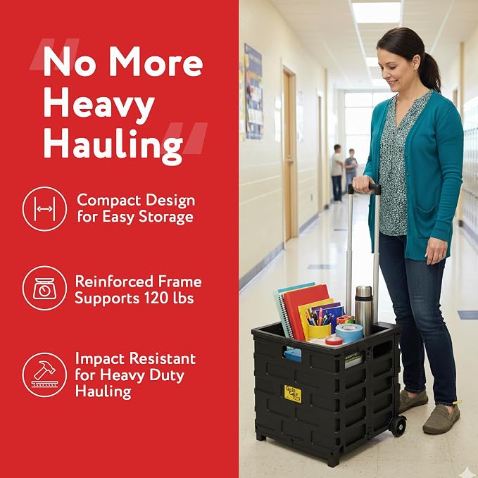 dbest Products Quik Cart Pro Collapsible Rolling Crate on Wheels - Black | Roll Up to 120 lbs Capacity, Heavy Duty Plastic Construction, Telescoping Handle, Folding Utility Cart