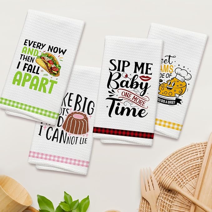 Funny Food Print Kitchen Towels and Dishcloths Set of 4, Cute Decorative Hand Towel Drying Cloth for Bathroom Cooking Baking, Housewarming Gift for Hostess, Women, 16x24 Inches -06