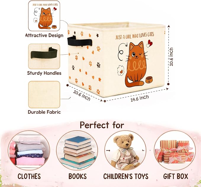 Cat Storage Bin, Foldable Fabric Basket for Girls Room Nursery | Foldable fabric storage bin with cat lover quote design for toys, books, clothes, nursery, bedroom, and playroom use.