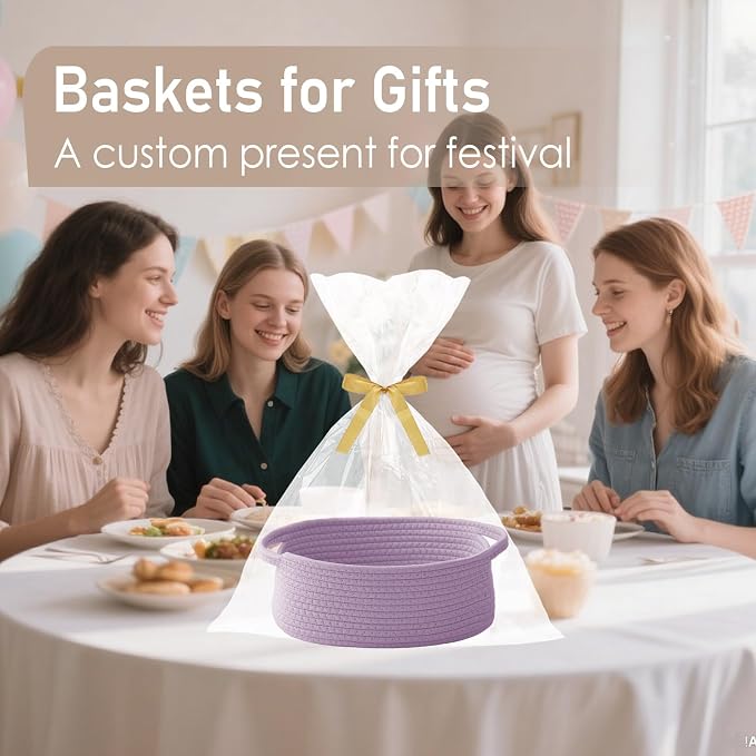 JMvicyroam Small Woven Basket, Empty Gift Basket, Purple/3 Pack | Small Gift Basket, Cotton Rope, 12 x 8 x 47 in, Handles, Includes Ribbon and Bag, Birthday Gift Basket