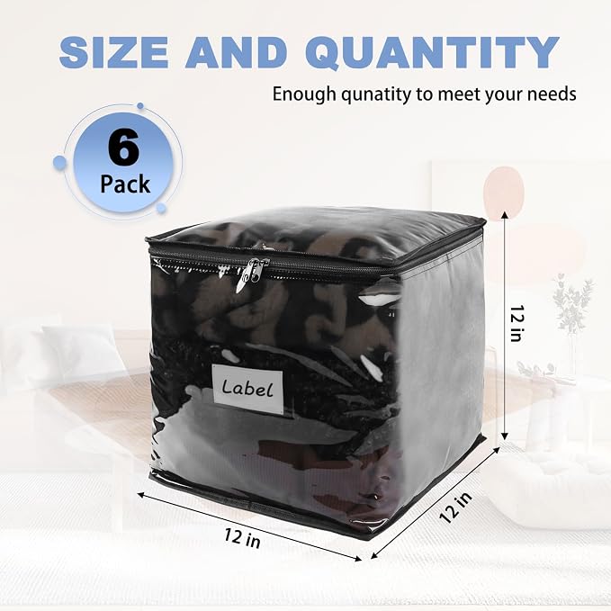 Clear Zippered Plastic Clothes Storage Bags, 6 Pack, Black | Clear Storage Bags with Zipper Plastic Storage Bags for Clothes Sweaters Blankets Sheets, Size: 12 x 12 x 12 Inch