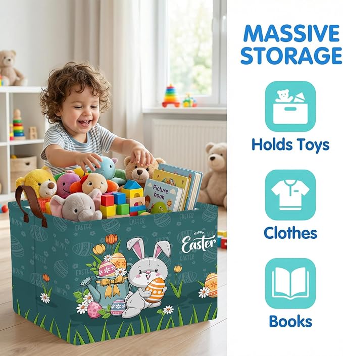 Large Cute Easter Basket for Kid Empty Gift Baby Rectangle Storage Bin Bunny Eggs Boy＆Girl Room Décor (Rabbit Blue)