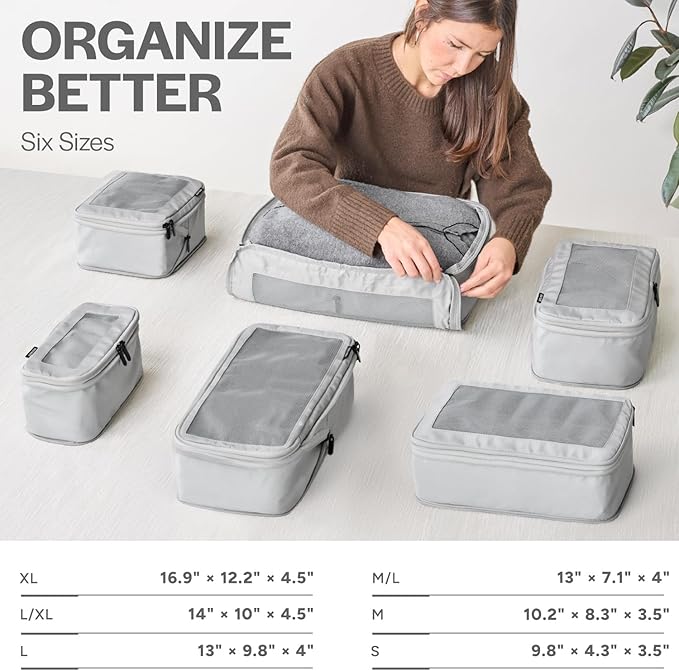 Compression Packing Cubes for Travel, 6-Pack, Light Grey | Solves overpacking, 6-Piece set fits most suitcases, 50% Space savings, Compression luggage organizer bags