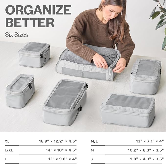 Compression Packing Cubes for Travel - Luggage Organizer Bags - Double Zipper Packing Cubes for Suitcases (12-Pack, Light Grey)