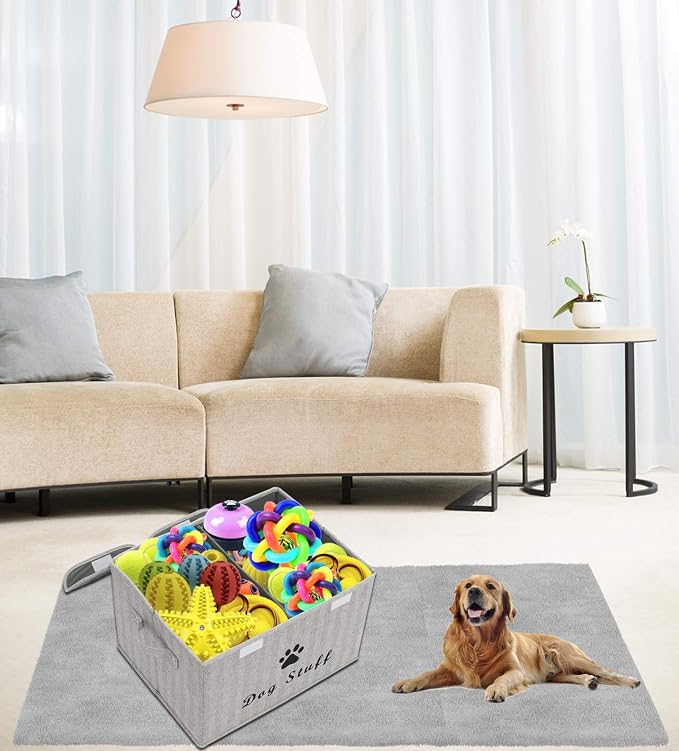 Large Storage Boxes - Large Linen Fabric Foldable Storage Cubes Bin Box Containers with Lid and Handles for Dog Apparel & Accessories, Dog Toys, (Striped Gray)