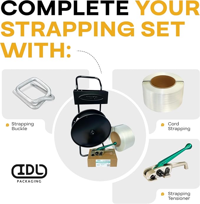 IDL Packaging Strapping Cart & Dispenser for Cord Strapping (8" x 8" Core) | CA-240HC for Composite Cord Coils - Solid Steel Tube Frame for Durability - Spacious Tray for Cutter, Buckles & Gloves