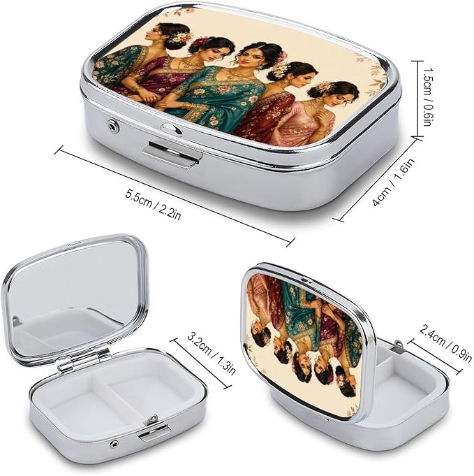 Elegant South Asian Women in Traditional Attire Two Compartment Pill Box Medicine Organizer, Portable Pill Case with Secure Snap Closure for Vitamins Medication Supplements Daily Use