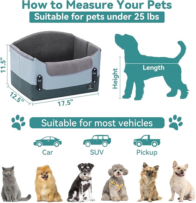 A 4 Pet Dog Booster Car Seat, Under 25 lbs, Patent Buckles | Clip-on safety leash, portable, pet travel carrier, fits most cars