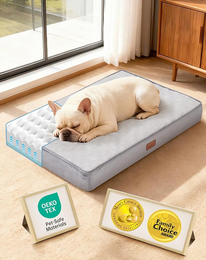 OhGeni Orthopedic Waterproof Medium Dog Bed, Memory Foam, 30 inch(Gray) | Machine-Washable Removable Cover in Easy-Clean Fabric, Reversible Memory Foam & Easy-Carry Handle, Suitable for Crate