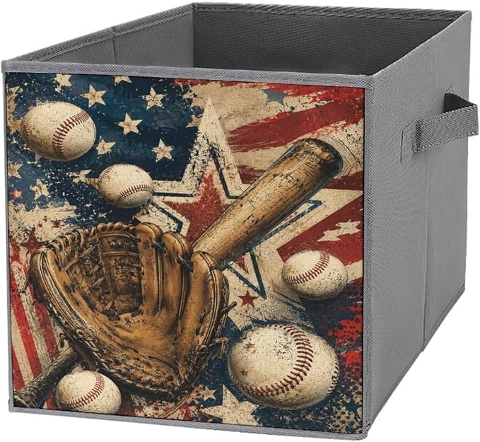 Baseball Glove Bat And Balls American Flag Design Storage Bin with Handles, Oxford Fabric Foldable Storage Cube Organizer for Clothes, Towels, Bedroom, Living Room, Home Organization