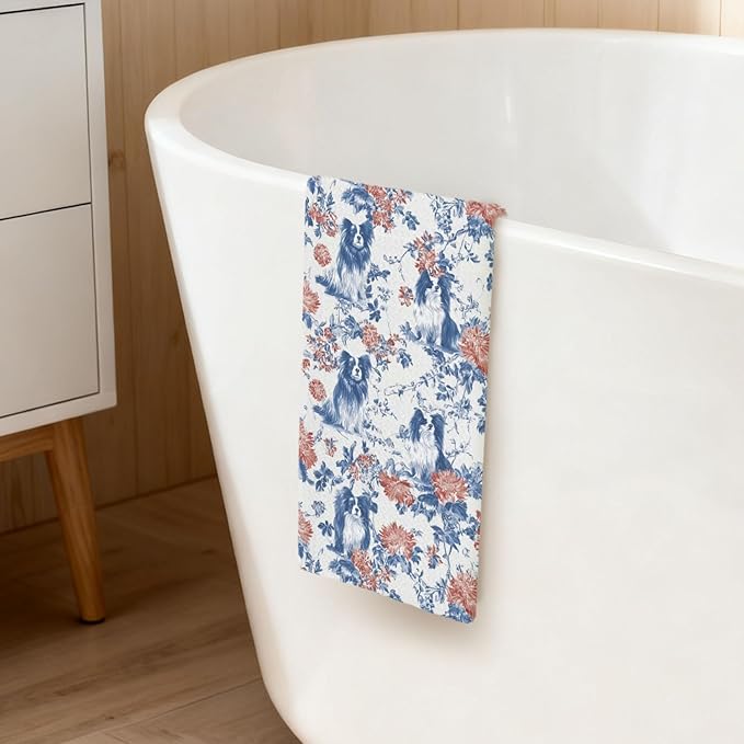 Papilion Kitchen Dish Towels,Blue and White Floral Dog Towel Dish Tea Towels, Chinoiserie Decor for Kitchen Bathroom,Cocker Papilion Gifts for Dog Lover Mom Dad,16x24 Inch