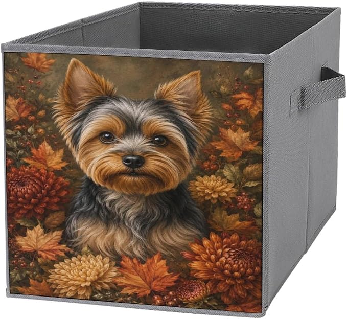 Yorkie Dog Autumn Flowers Storage Bin with Handles, Oxford Fabric Foldable Storage Cube Organizer for Clothes, Towels, Bedroom, Living Room, Home Organization