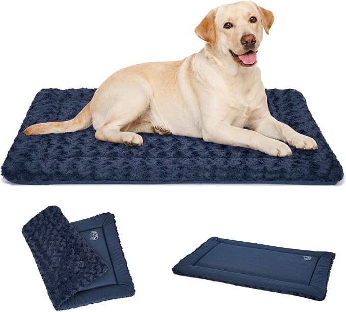 EMPSIGN Dog Crate Pad for 42"x28" Dog Crate, Plush/Canvas Navy | Reversible Kennel Mat (Cool & Warm), Machine Washable, Cozy Plush Sleeping Pad, All-Season Pet Bed