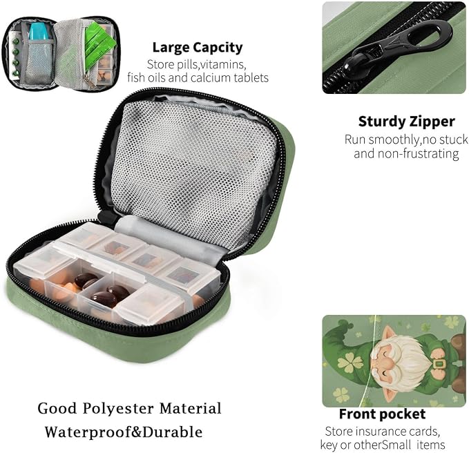 Fustylead St Patrick Day Cute Gnome Travel Pill Case Bag with Zipper Weekly Pill Box 8 Compartments 7 Day Personal Pill Case Purse Medicine Case Organizer