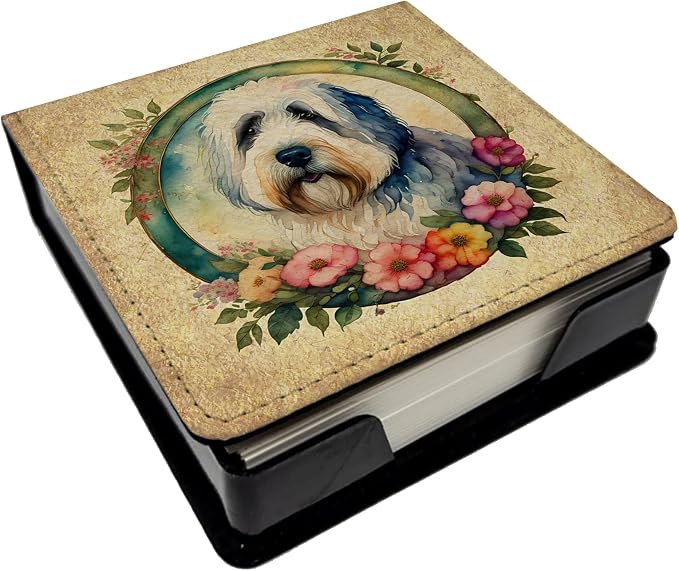 Caroline's Treasures Old English Sheepdog and Flowers PU Leather Note Paper Holder with Artist-Designed Cover, Desk Accessory, Office Gift