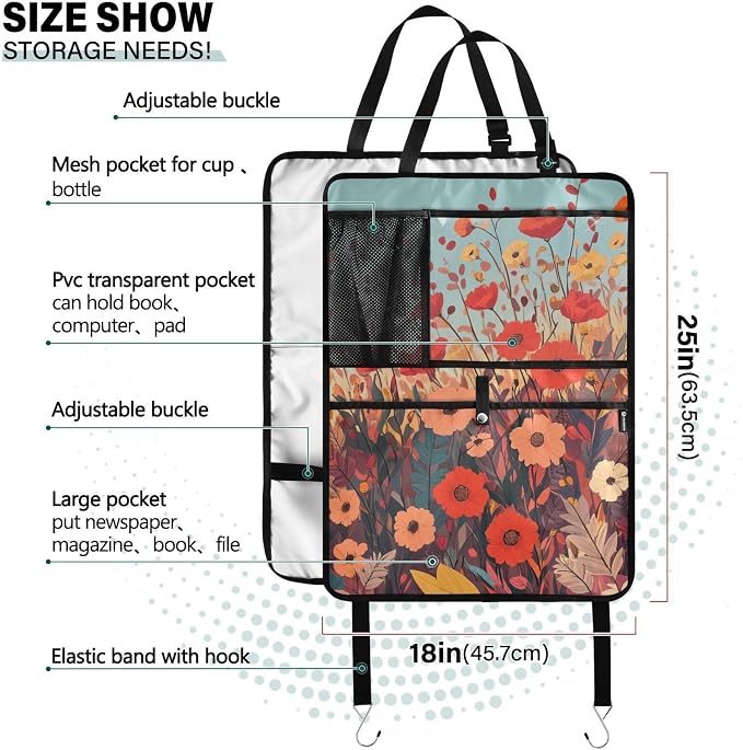 2 Pack Back Seat Car Organizer with Storage Pockets Kick Mats Back Seat Protector Hanging Car Organizer Automotive Seat Back Cover Organizers Autumn Poppy Flowers
