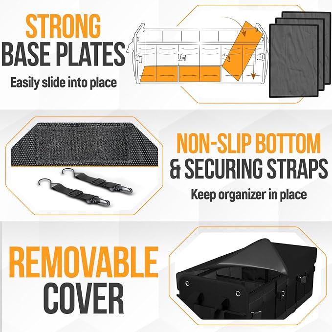 FORTEM Trunk Organizer - Collapsible Car Organizer & Storage Bag for SUVs | Car Accessories for Men & Women, Cooler Bag, Non Slip Bottom, Straps, Soft Cover, 1680D Oxford, 6 Compartments, Black, 110L