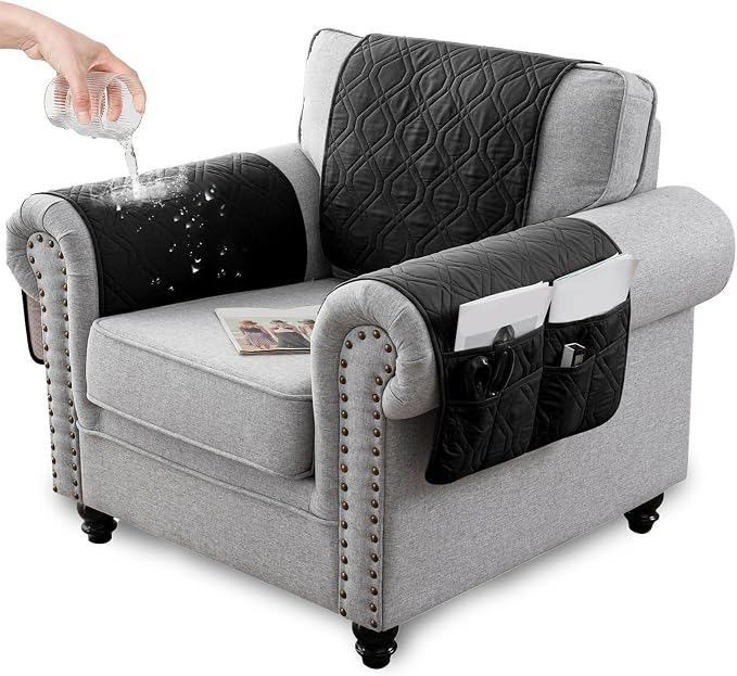Recliner Armrest Cover with Headrest, Chair Armrest Slipcover with Side Pockets, Water-Resistant, Non Slip Furniture Protector for Pets (Black,2 Seater 4PCS)