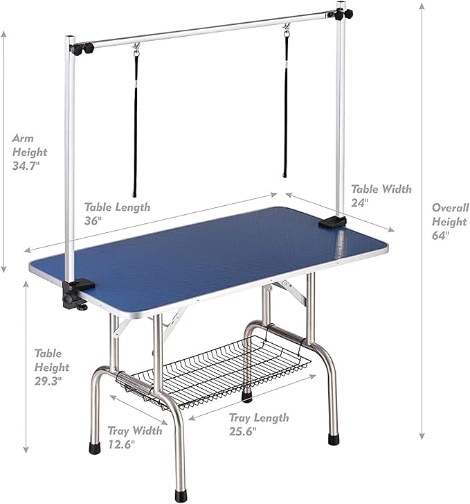 Pet Dog Grooming Table, Foldable Stainless Steel Pet Drying Grooming Table Up to 330lbs, Professional Bathing Desk for Dogs at Home with Adjustable Overhead Arms, Noose, Mesh Tray, 36''/Blue