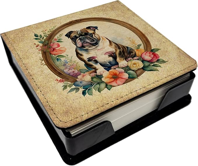 Caroline's Treasures English Bulldog and Flowers PU Leather Note Paper Holder with Artist-Designed Cover, Desk Accessory, Office Gift