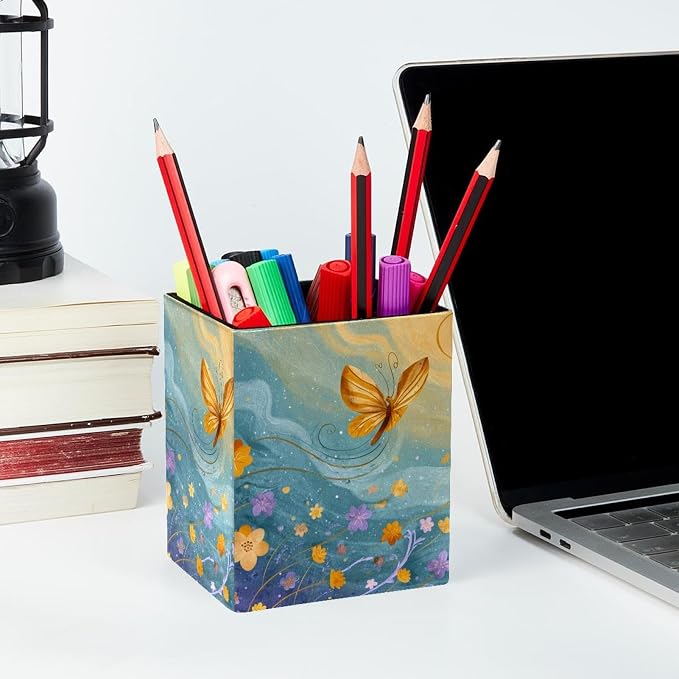 Butterfly Pen Holder for Desk Decor, Rectangular PVC Leather Pencil Cup for Desk Pen Organizer, Makeup Brush Holder for School, Home, Office