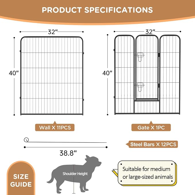 BestPet | Dog Playpen | 40", 12 Panels | Heavy Duty Metal Pet Exercise Pen | Indoor/Outdoor Fence Panels | Rust-Resistant, Removable, Tool-Free Setup | Anti-Skid, Expandable Design