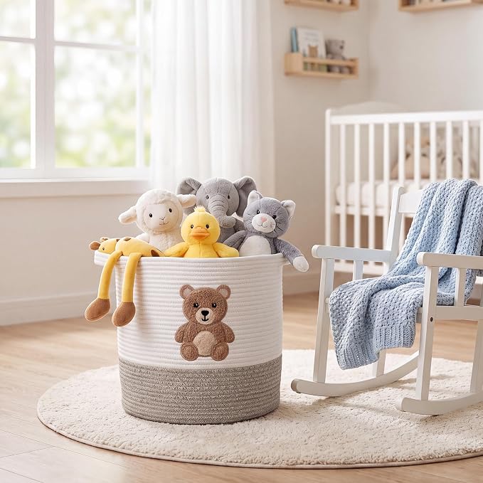 LemonRoad Teddy Bear Basket 14"x14", Baby Laundry Basket with Handles | Bear Hamper, Baby Storage Basket, Toy Organizer for Nursery, Woven Cotton Rope Blankets, Stuffed Animals Clothes for Kid Room