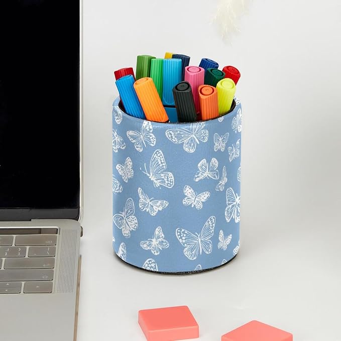 Faux Leather Pen Holder for Desk, Pencil Organizer White Butterfly Pen Cup Desk Decor Makeup Brush Holder Storage for Office Home