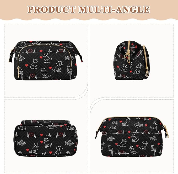 VIGTRO Pets Hearts Lines Makeup Bag Quilted Toiletry Bag Wide Open Cosmetic Bag with Bottles Kit Large Capacity Travel Organizer Pouch for Women