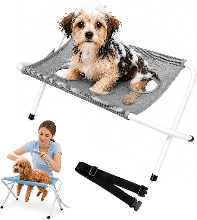 Foldable Pet Bathing Stand, Dog Grooming Hammock for Small Dogs (Gray) | Portable Dog Shower Grooming Rack, 8-Hole Quick-Dry Mesh, 44 lb Capacity, Home Washing, Trimming & Nail Care