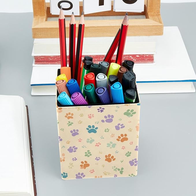 Pet Paws Pen Holder for Desk Decor, Rectangular PVC Leather Pencil Cup for Desk Pen Organizer, Makeup Brush Holder for School, Home, Office