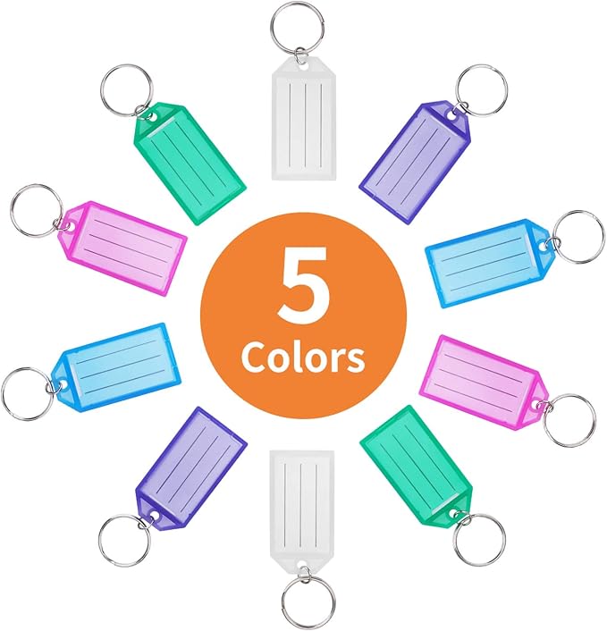Cuttte 20 Pack Plastic Key Tags with Labels and Container 5 Colors | Key Tags with Ring and Label Window for Flash Drives, Suitcases, Backpacks, Luggage, Lunchboxes