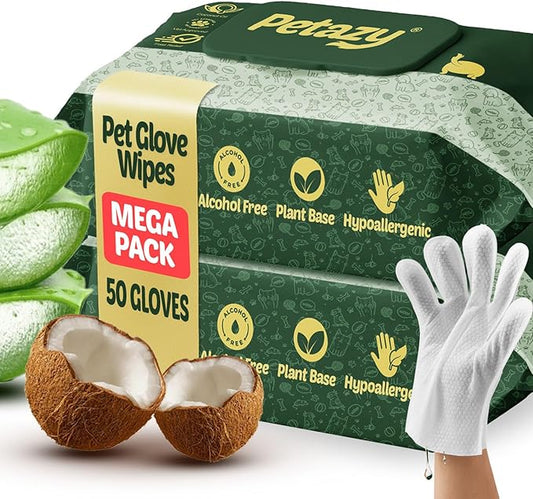 Petazy Pet Glove Wipes for Dogs & Cats – Hypoallergenic Thick Cleaning Gloves with Aloe & Coconut Oil for Paws, Face, Ears & Butt, Instant No Rinse Grooming Wipes to Deodorize and Hydrate, 50 Pack