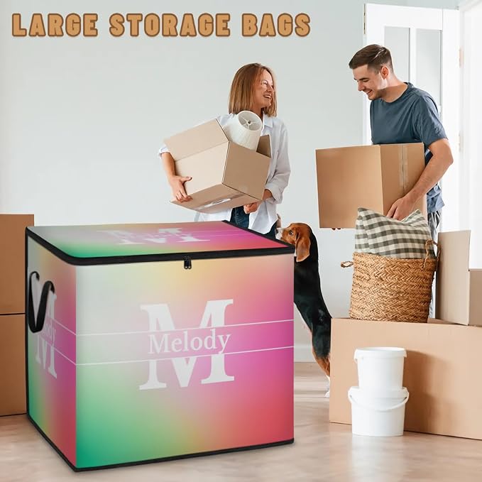Personalized Extra Storage Bins with Lid, Customized Name Initial Letter Jumbo Storage Basket Rectangle Clothes Organizer for Organizing Kids and Pets Toys Shelf Closet, Gradient Pink with Purple