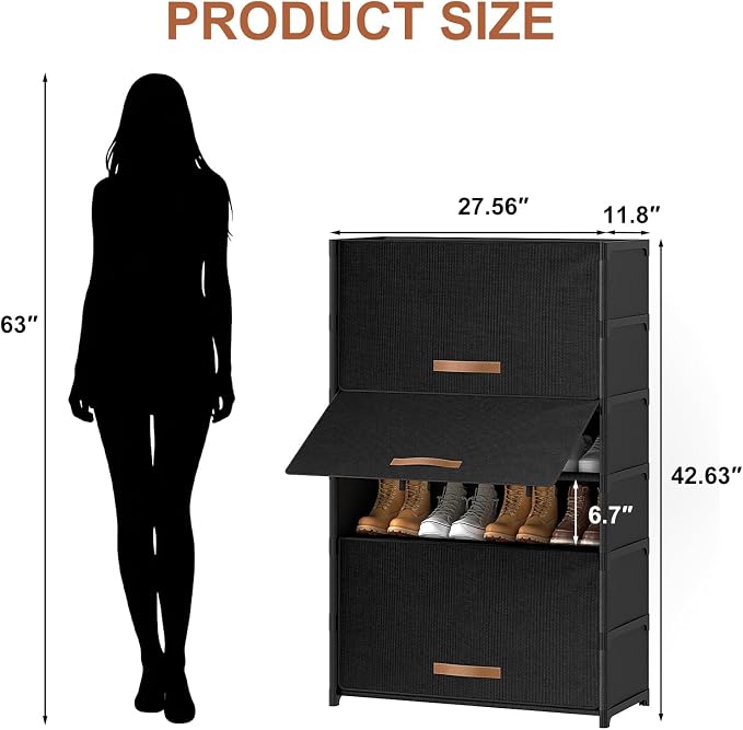7 Tier Shoe Cabinet with Door, 28-Pair Storage, Black | Tall Design Saves Floor Space, Door Blocks Dust & Pets, Holds Heels to Boots, Quick Assembly with Connectors