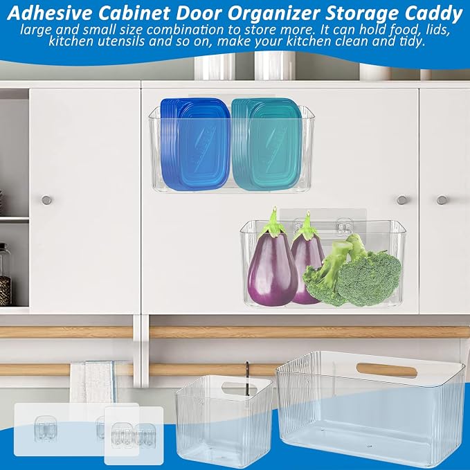 4 PCS 2 Size Plastic Adhesive Mount Over Cabinet Door Organizer, Under Sink Door Storage Shelf Refrigerator Side Storage Box, Wall Organization Container for Kitchen Bathroom Office
