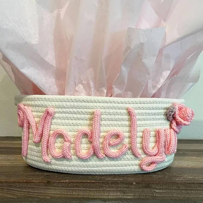Personalized Cute Small Woven Basket with Handles, Custom Cotton Rope Room Shelf Storage Basket, Empty Decorative Gift Basket, Decorative Round Bin for Nursery Bedroom Bathroom (Style B)