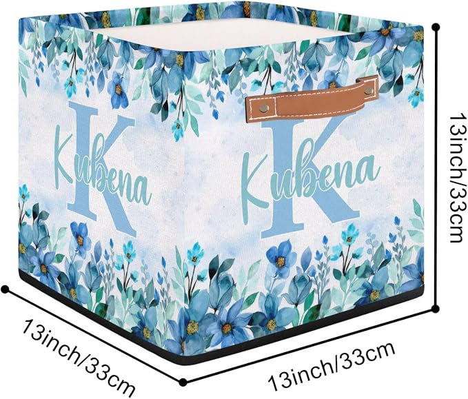 Personalized Name-Initial Blue Flower Storage Baskets for Girls Women, Custom Portable Square Storage Bins with Handles Foldable Organizer for Clothes, Toys, Blanket, Towel,Pet 13”