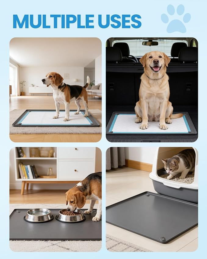 Pee Pad Holder for Dogs - 24" x 24" Silicone Puppy Potty Training Tray | Puppy Pad Holder with 4 Magnetic Clips & Leak-Proof Raised Edge, for Home Indoor Floor Protection