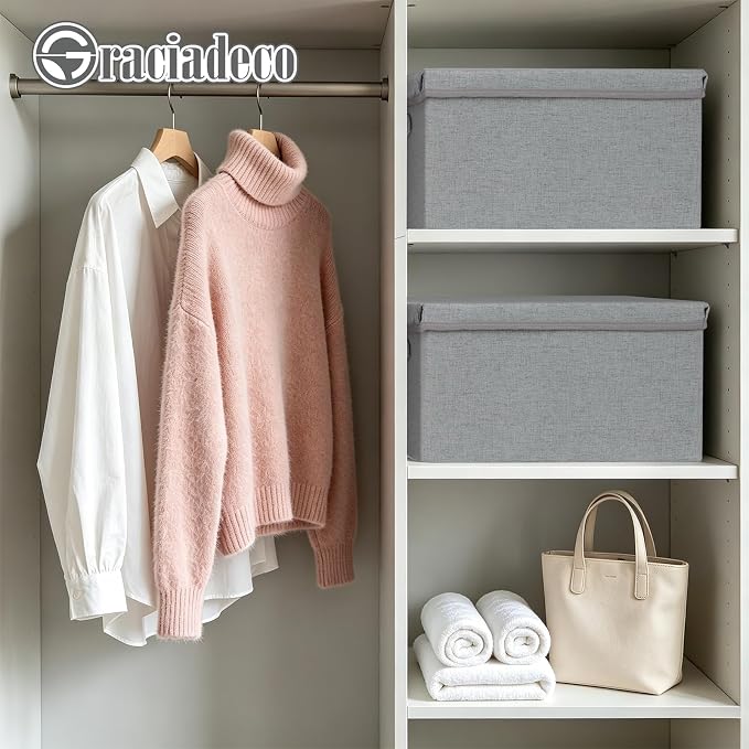 Storage Bins With Lids Closet Organizer Cabinet Box For Clothes,Toys,Shelf | 2 Pack, 17"X 12"X 2", Collapsible, Stackable, Dustproof, Built-In Handle, Label Slot, Linen Fabric, Cardboards, Grey