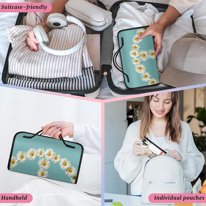 Floral Peace Sign Makeup Bag for Women Hanging Roll-Up Travel Organizer Toiletry Kit with 4 Removable Compartments, Daisy