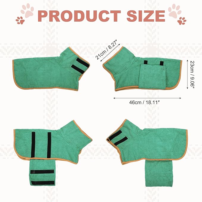 Dog Drying Coat, Dog Robes for After Bath Bathrobe Super Absorbent Towel Soft Adjustable, (XS, Dark Green), Intended for Fast Drying Warm Keeping Pet Cats Kitten Puppies