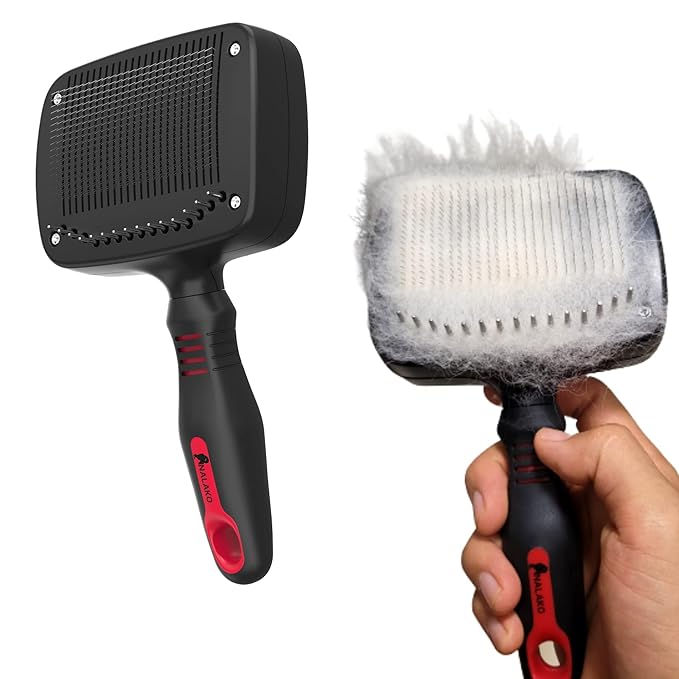 Self Cleaning Dog Brush – 2 in 1 Slicker & Undercoat Rake for Medium to Long Fur – Dual Action Pet Hair Removal & De-Shedding Comb with Comfort Grip – Black/Red