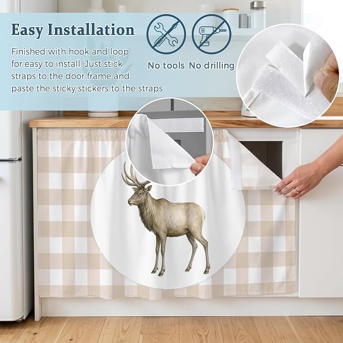 Majestic Buck Cabinet Curtains 28"x51" Sink Skirt for Bathroom Kitchen, Modern Natural Buck Rustic Farmhouse Plaid Self Stick Adhesive Under Desk Covers Tall Laundry Cabinet Storage Organizer