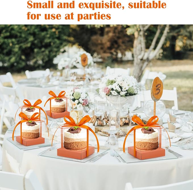 12 PCS Clear Cupcake Boxes 3.5 Inch Cupcake Containers (Orange) | Disposable Cupcake Carrier Plastic Individual Cupcake Storage Holder with Ribbons and Inserts for Wedding, Birthday Party