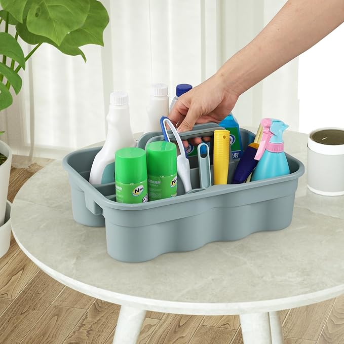Plastic Cleaning Caddy Set, 2-Compartment Tool Caddy | 4-Pack, Sturdy Grey Plastic, Carry Handle, Ideal for Cleaning Supplies, Craft, and Organizer Storage